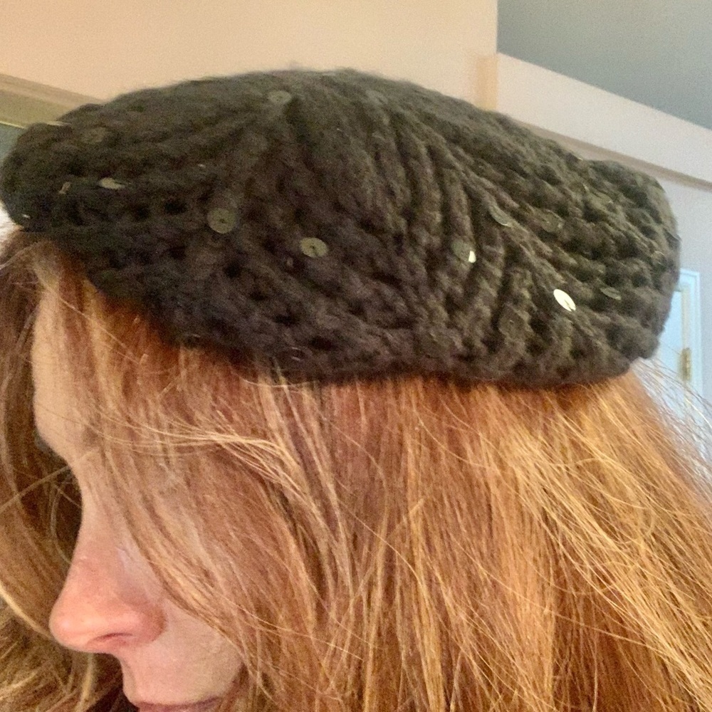 SALE! Twiggy LONDON Knit Beret Hat Black Sparkly Embellishments Sequins Vintage